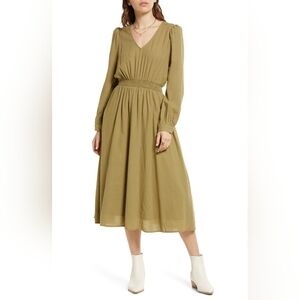 Treasure & Bond V-Neck Long Sleeve Smocked Midi Dress Olive Green Size X-Small